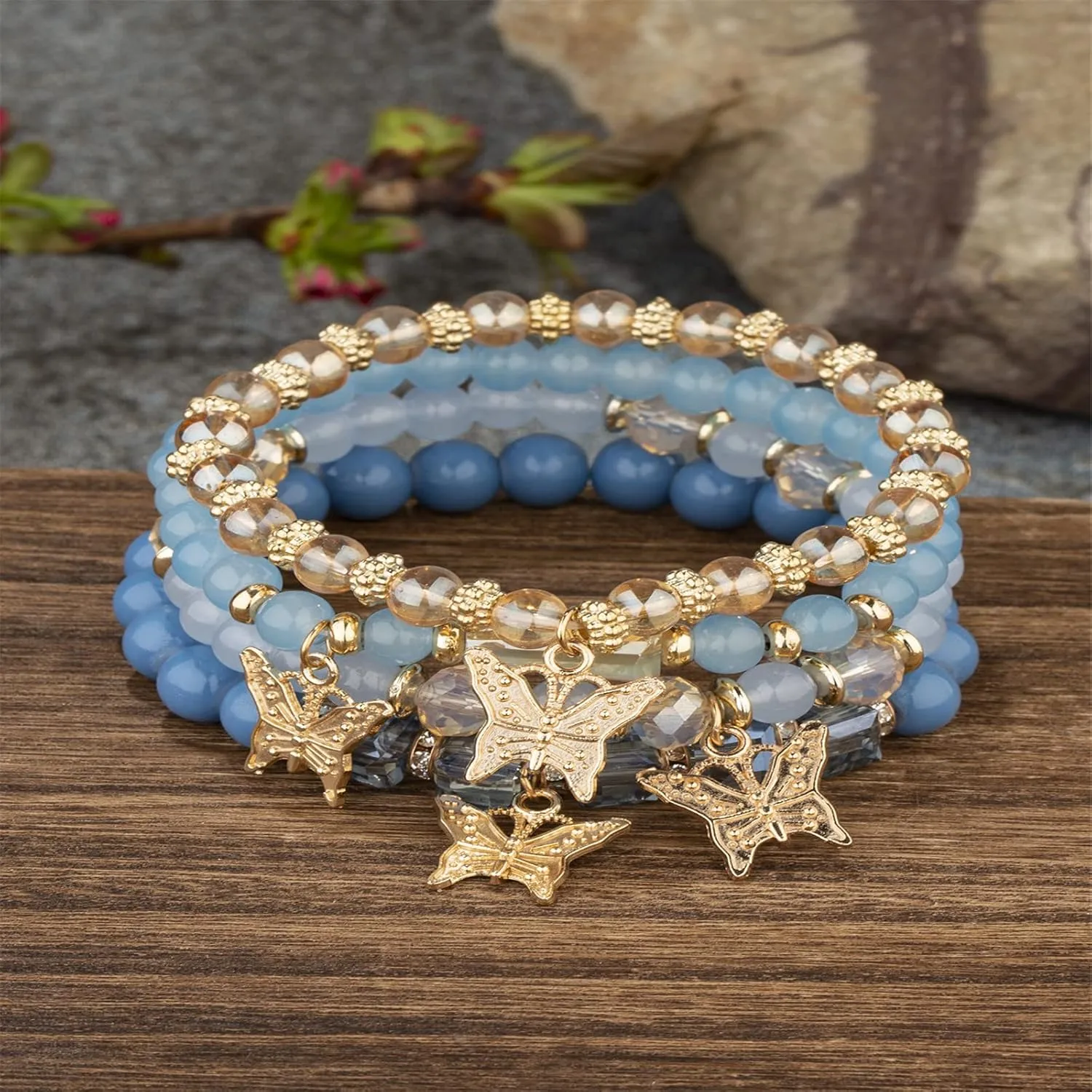 4Pcs Set Bohemian Butterfly Crystal Stone Stretch Pendant Bracelets for Women Gold Beaded Stackable Stretch Bracelet Colorful Charm Jewelry Boho Summer Beach