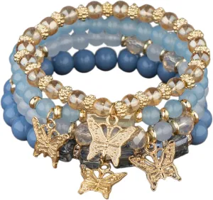 4Pcs Set Bohemian Butterfly Crystal Stone Stretch Pendant Bracelets for Women Gold Beaded Stackable Stretch Bracelet Colorful Charm Jewelry Boho Summer Beach