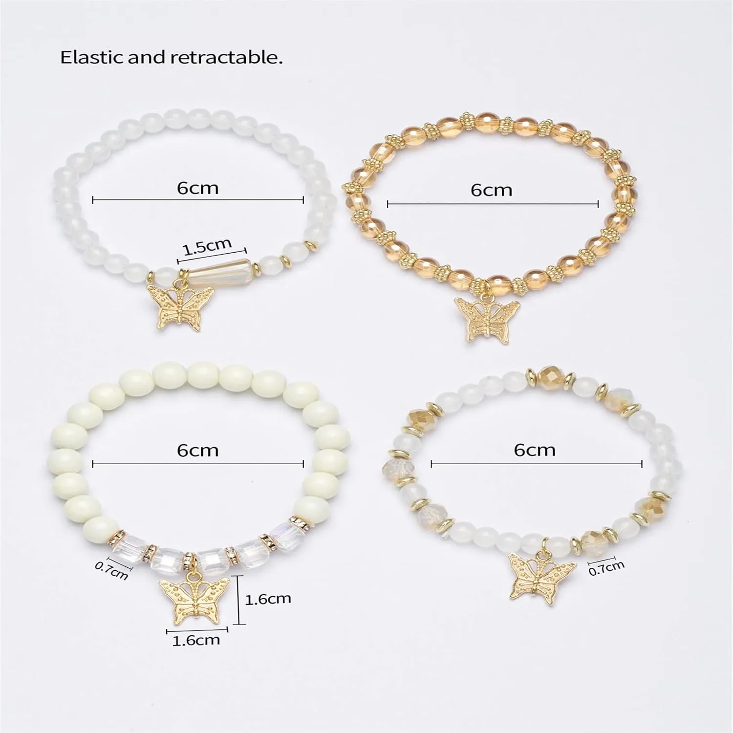 4Pcs Set Bohemian Butterfly Crystal Stone Stretch Pendant Bracelets for Women Gold Beaded Stackable Stretch Bracelet Colorful Charm Jewelry Boho Summer Beach