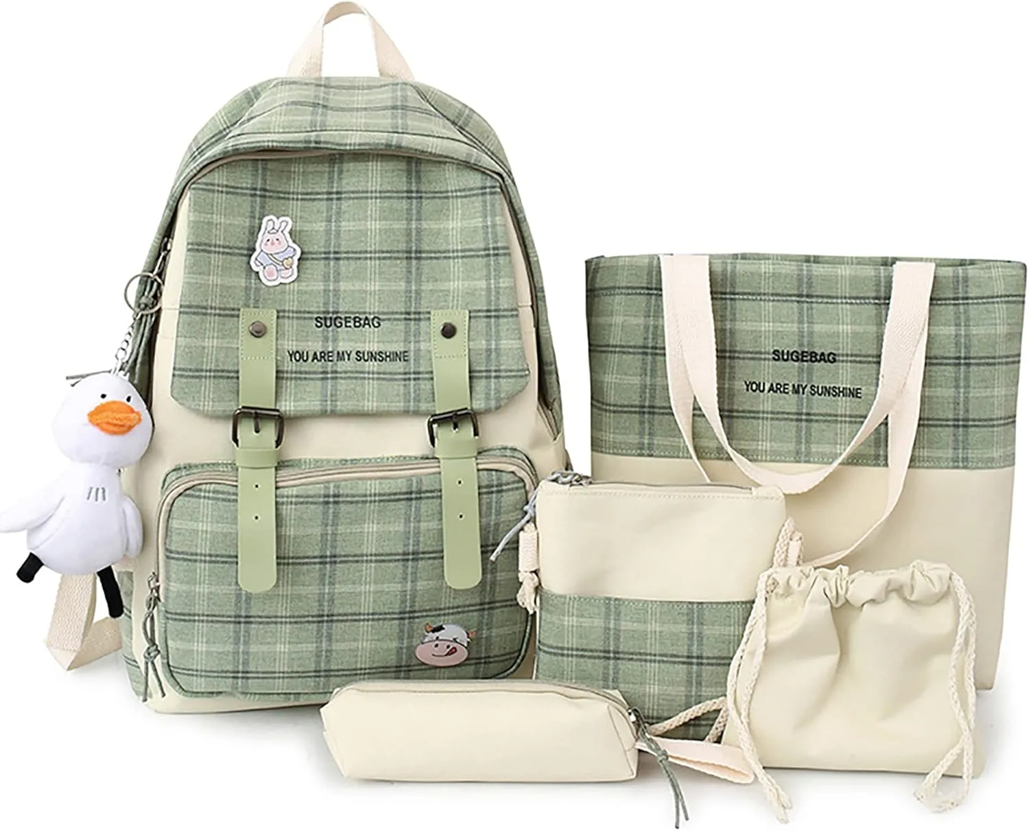 5Pcs Kawaii Backpack Set with Badge & Duck Pendant,Japanese Aesthetic Check Bookbag for Girls Cute Plaid School Bags Comes with Tote Bag,Shoulder Bag,Pencil Box,Small Bag(Green,16in)