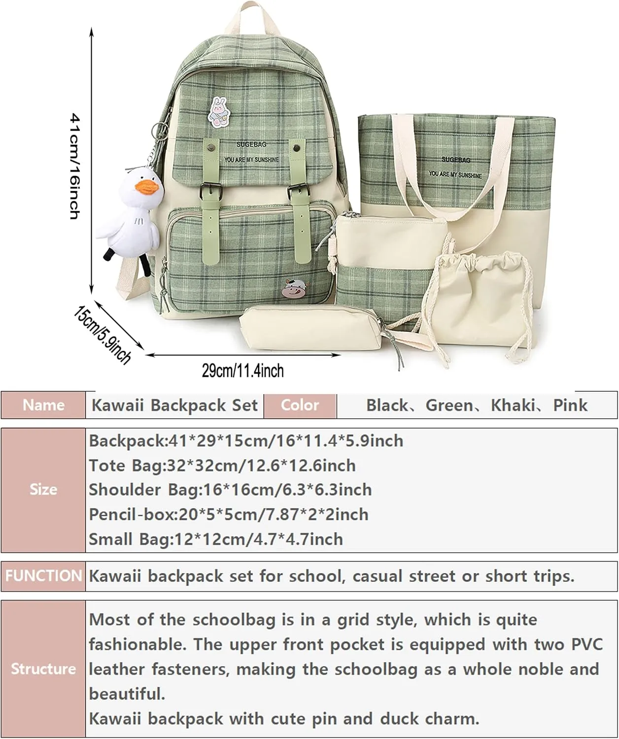 5Pcs Kawaii Backpack Set with Badge & Duck Pendant,Japanese Aesthetic Check Bookbag for Girls Cute Plaid School Bags Comes with Tote Bag,Shoulder Bag,Pencil Box,Small Bag(Green,16in)