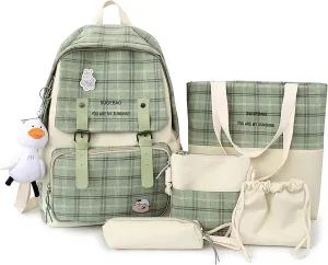 5Pcs Kawaii Backpack Set with Badge & Duck Pendant,Japanese Aesthetic Check Bookbag for Girls Cute Plaid School Bags Comes with Tote Bag,Shoulder Bag,Pencil Box,Small Bag(Green,16in)