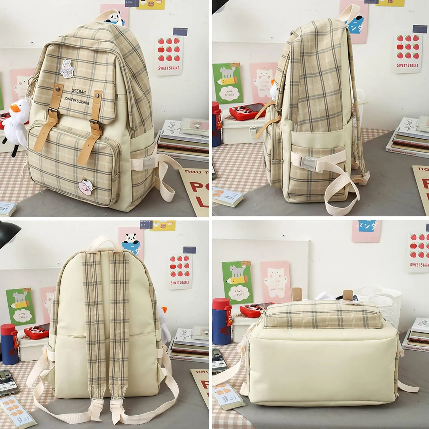5Pcs Kawaii Backpack Set with Badge & Duck Pendant,Japanese Aesthetic Check Bookbag for Girls Cute Plaid School Bags Comes with Tote Bag,Shoulder Bag,Pencil Box,Small Bag(Green,16in)
