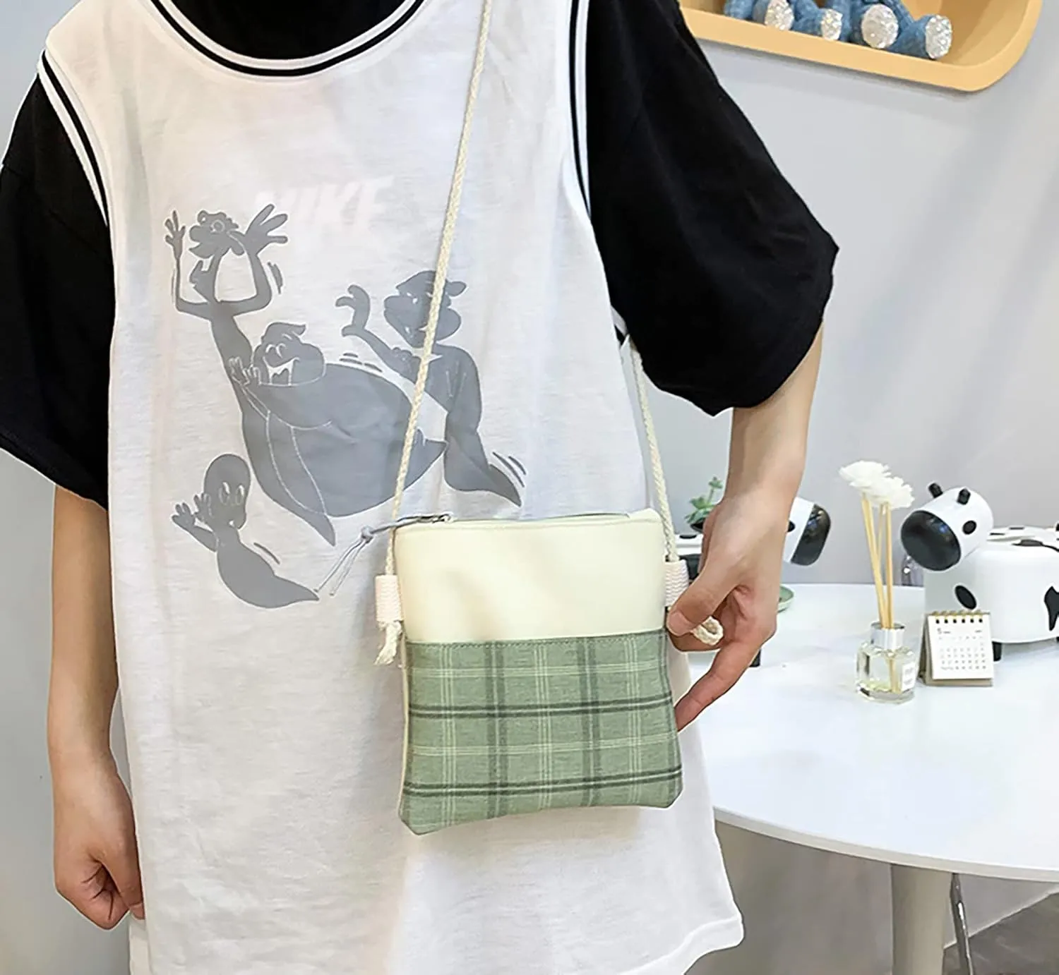 5Pcs Kawaii Backpack Set with Badge & Duck Pendant,Japanese Aesthetic Check Bookbag for Girls Cute Plaid School Bags Comes with Tote Bag,Shoulder Bag,Pencil Box,Small Bag(Green,16in)