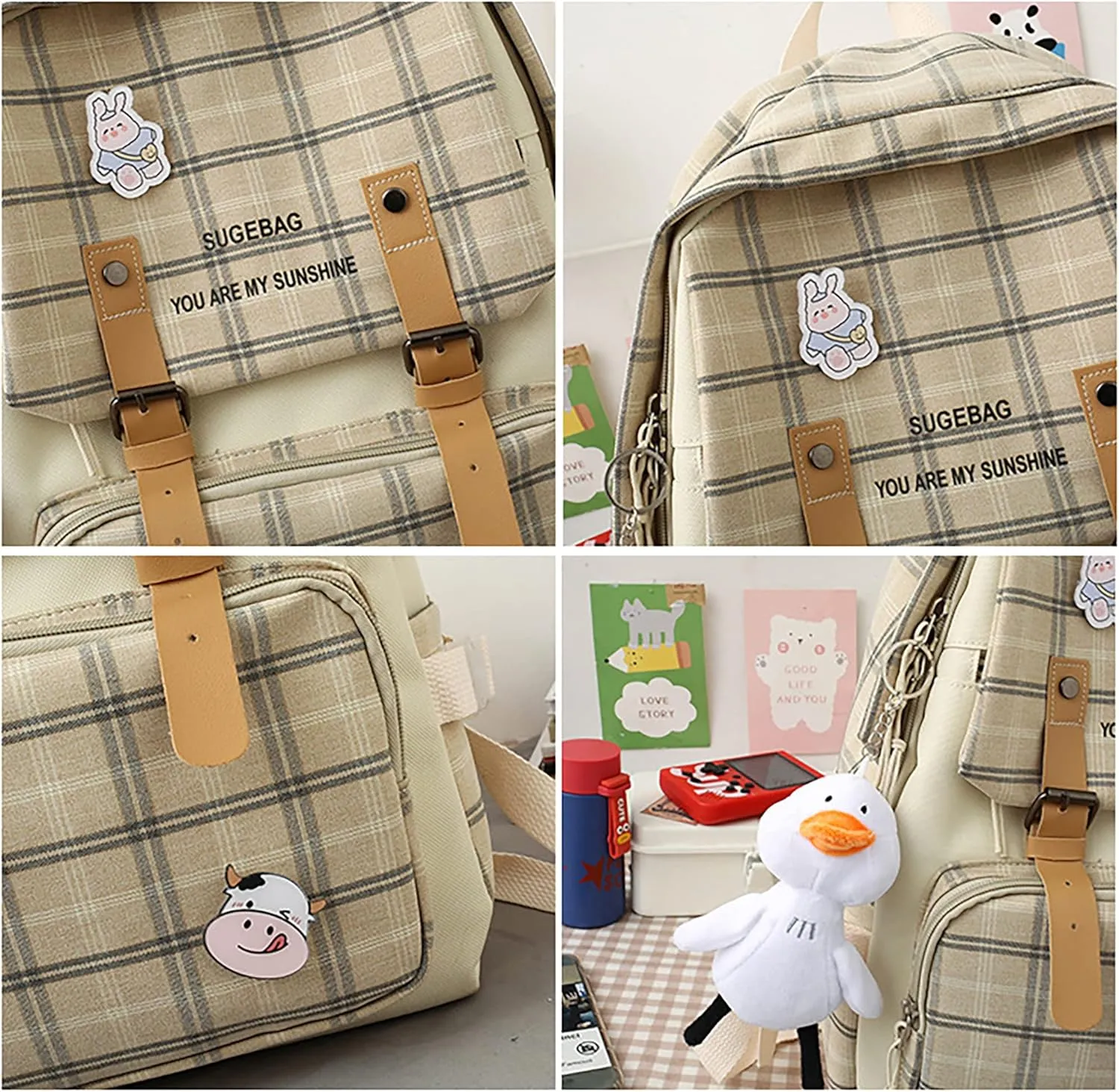 5Pcs Kawaii Backpack Set with Badge & Duck Pendant,Japanese Aesthetic Check Bookbag for Girls Cute Plaid School Bags Comes with Tote Bag,Shoulder Bag,Pencil Box,Small Bag(Green,16in)