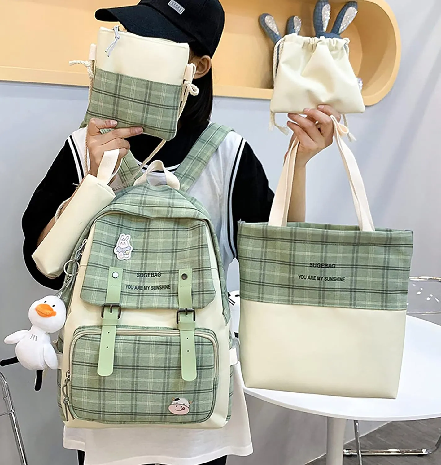 5Pcs Kawaii Backpack Set with Badge & Duck Pendant,Japanese Aesthetic Check Bookbag for Girls Cute Plaid School Bags Comes with Tote Bag,Shoulder Bag,Pencil Box,Small Bag(Green,16in)