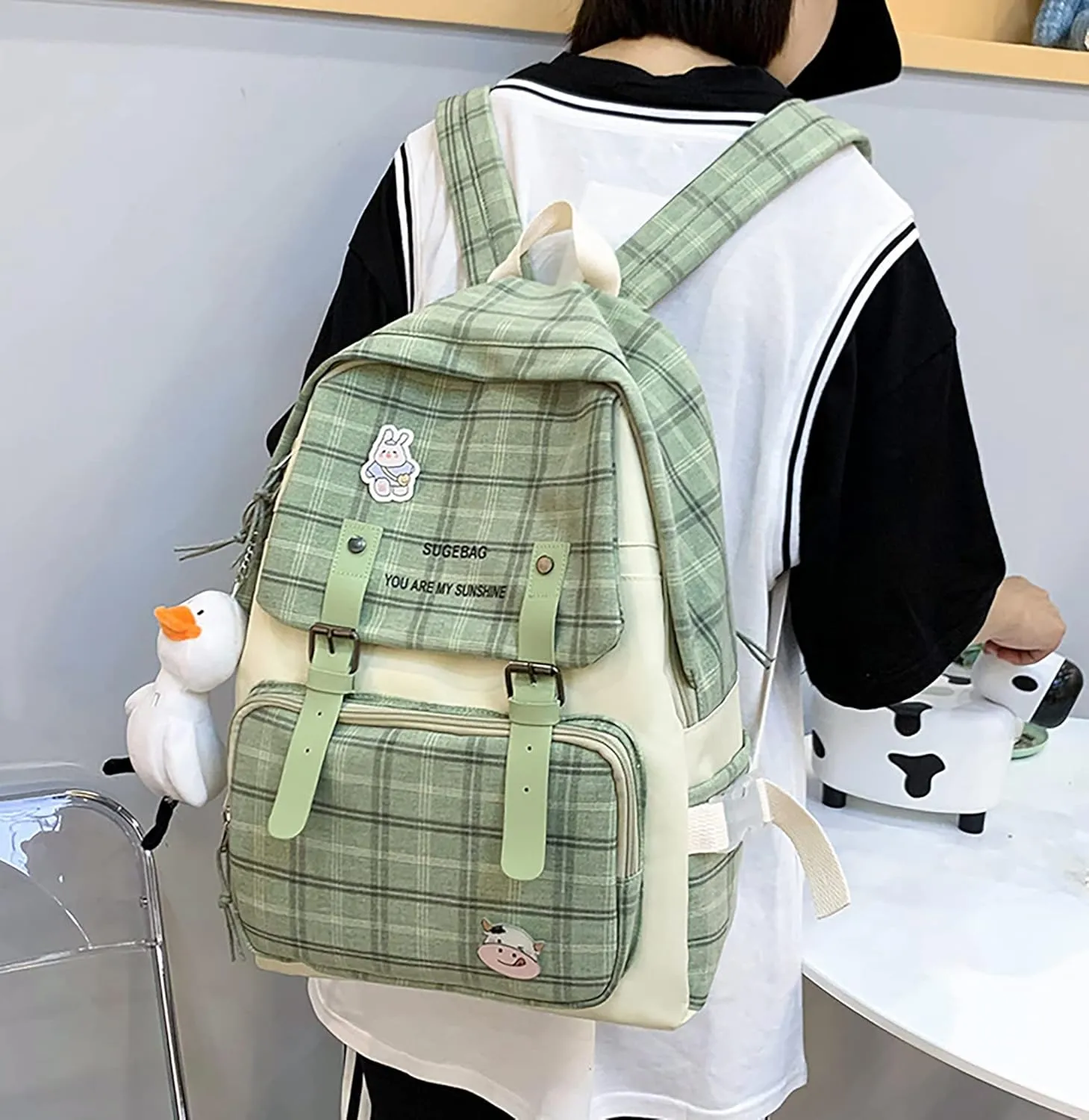 5Pcs Kawaii Backpack Set with Badge & Duck Pendant,Japanese Aesthetic Check Bookbag for Girls Cute Plaid School Bags Comes with Tote Bag,Shoulder Bag,Pencil Box,Small Bag(Green,16in)