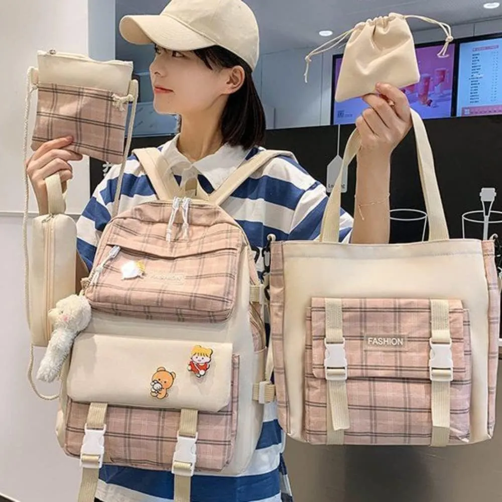 5Pcs Kawaii Canvas School Backpack Combo Set with Pear Pendant Cute Pins Tote Bag Pencil Pouch Plaid Checkered Aesthetic Laptop Schoolbag Daypack Kit Back To School (Pink)