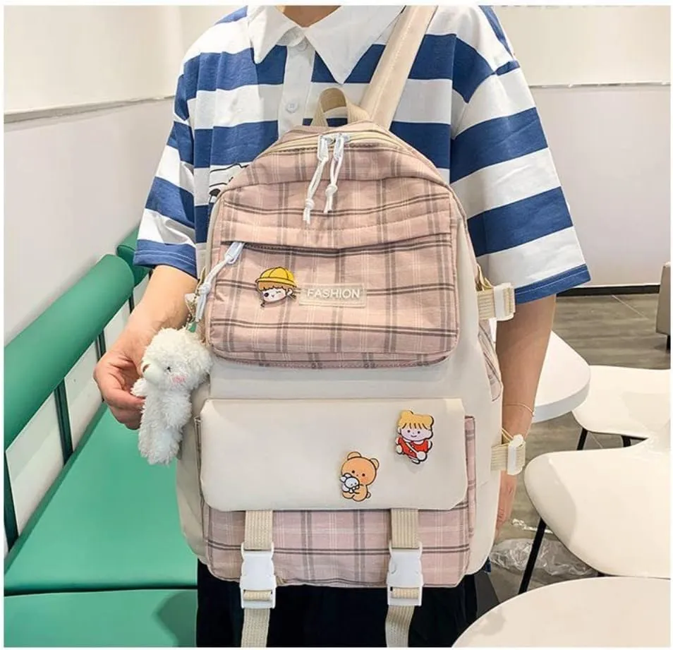 5Pcs Kawaii Canvas School Backpack Combo Set with Pear Pendant Cute Pins Tote Bag Pencil Pouch Plaid Checkered Aesthetic Laptop Schoolbag Daypack Kit Back To School (Pink)