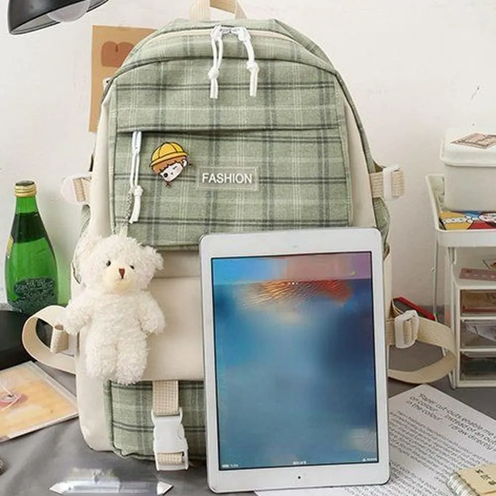 5Pcs Kawaii Canvas School Backpack Combo Set with Pear Pendant Cute Pins Tote Bag Pencil Pouch Plaid Checkered Aesthetic Laptop Schoolbag Daypack Kit Back To School (Pink)