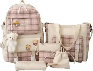 5Pcs Kawaii Canvas School Backpack Combo Set with Pear Pendant Cute Pins Tote Bag Pencil Pouch Plaid Checkered Aesthetic Laptop Schoolbag Daypack Kit Back To School (Pink)