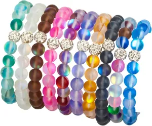 5Pcs Mystic Mermaid Glass Bracelet with 8 mm Frosted White Glowing Moonstone Beads Stretch Bracelet with Rhistone Love Charm for Women Jewelry
