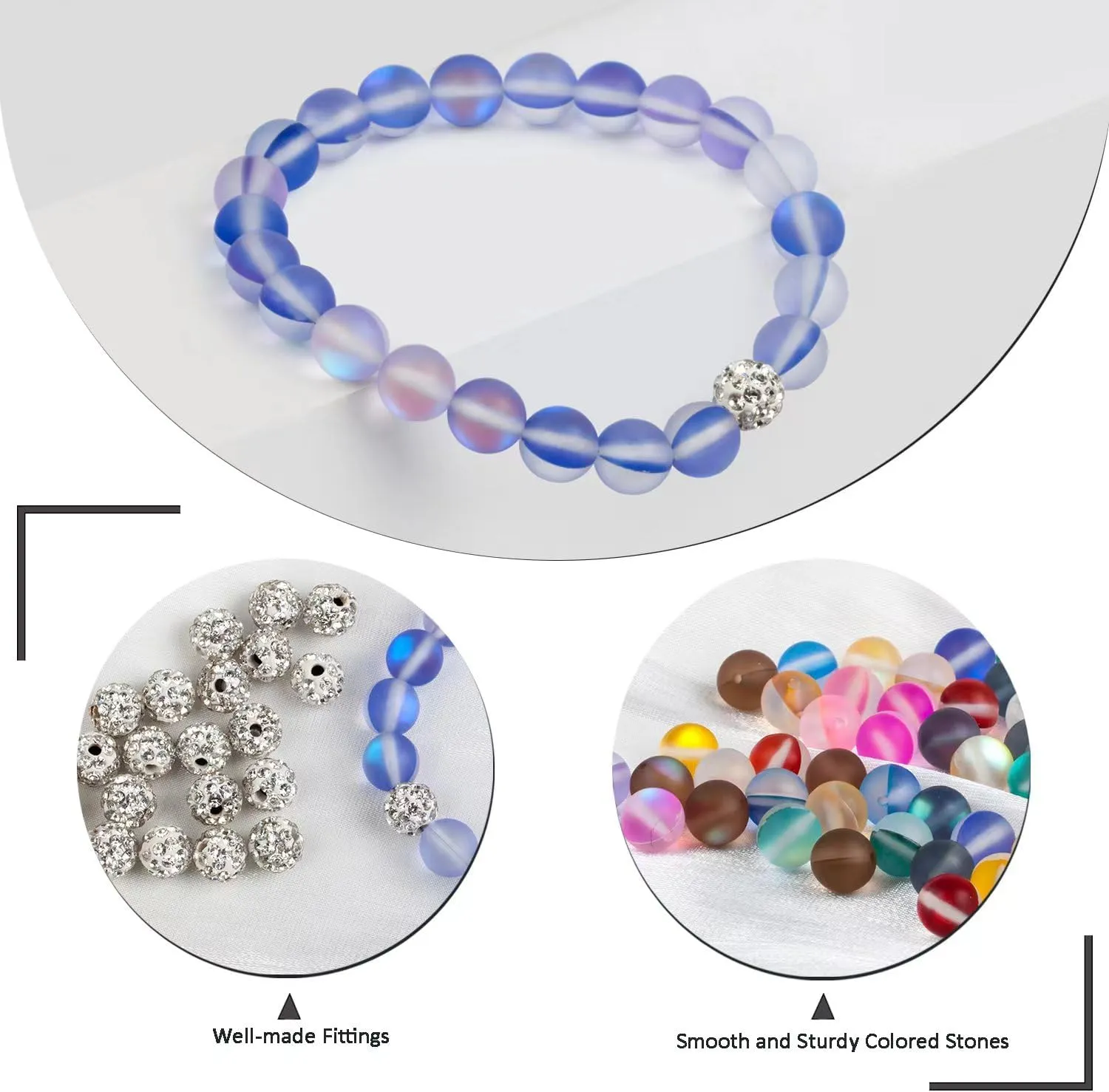 5Pcs Mystic Mermaid Glass Bracelet with 8 mm Frosted White Glowing Moonstone Beads Stretch Bracelet with Rhistone Love Charm for Women Jewelry