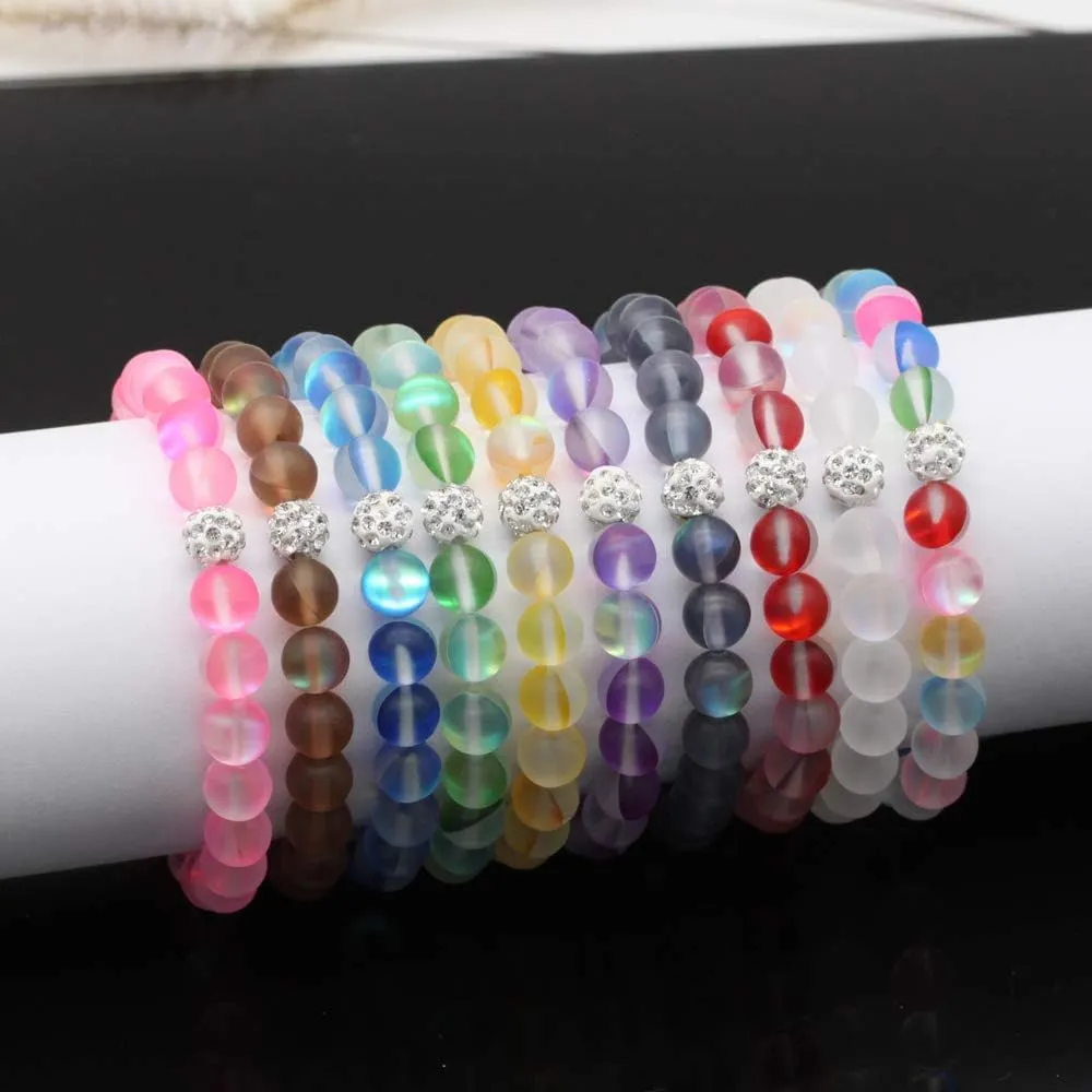 5Pcs Mystic Mermaid Glass Bracelet with 8 mm Frosted White Glowing Moonstone Beads Stretch Bracelet with Rhistone Love Charm for Women Jewelry