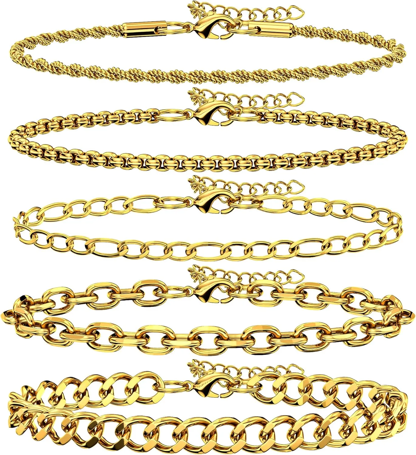 5PCS Stainless Steel Bracelets for Men, Silver Gold Black Sturdy Cuban Link Box Rope Chain Paperclip Figaro Bracelet for Women Men Jewelry Set