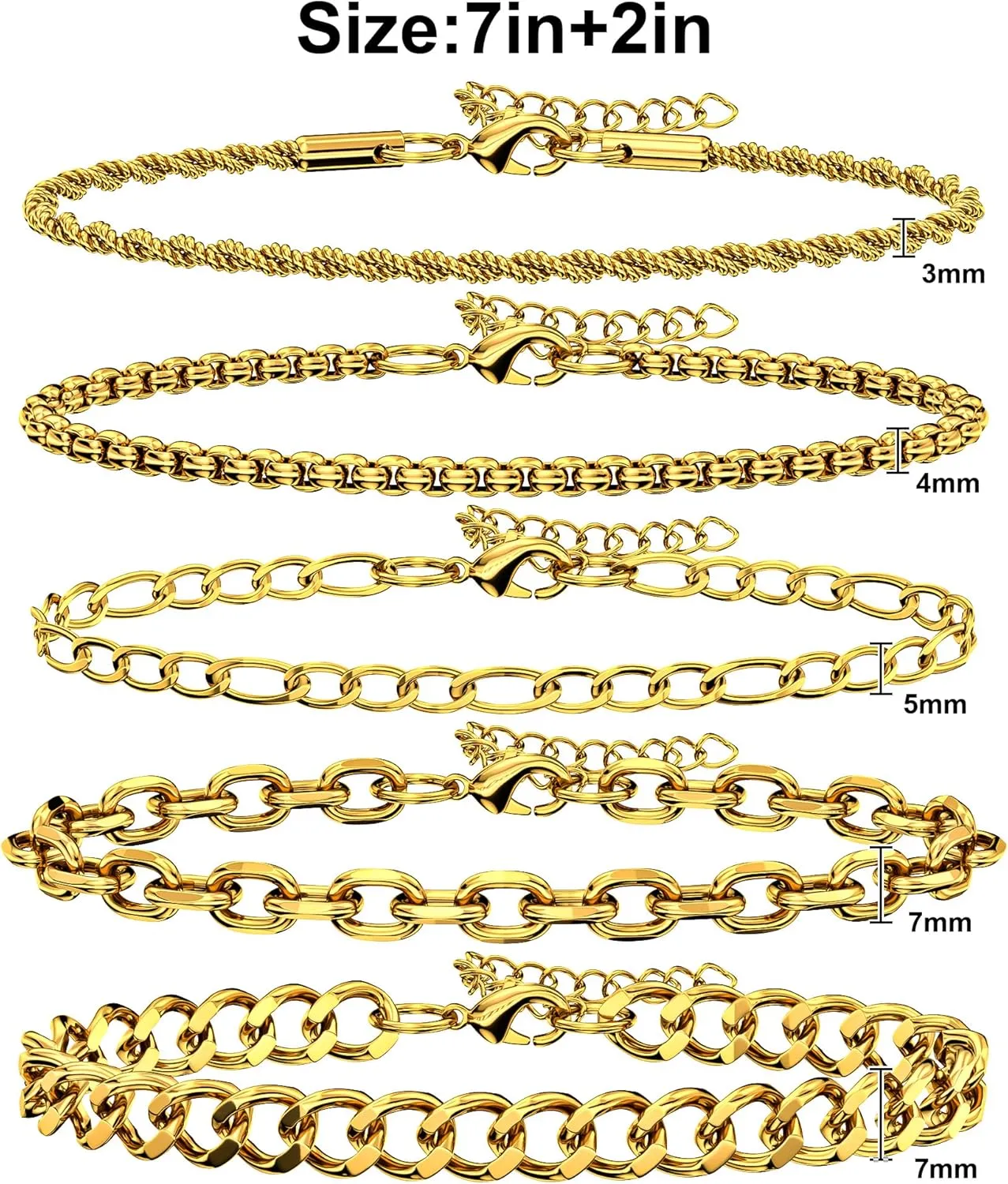 5PCS Stainless Steel Bracelets for Men, Silver Gold Black Sturdy Cuban Link Box Rope Chain Paperclip Figaro Bracelet for Women Men Jewelry Set