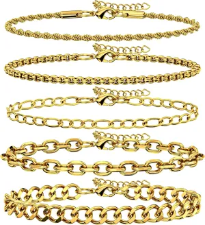 5PCS Stainless Steel Bracelets for Men, Silver Gold Black Sturdy Cuban Link Box Rope Chain Paperclip Figaro Bracelet for Women Men Jewelry Set
