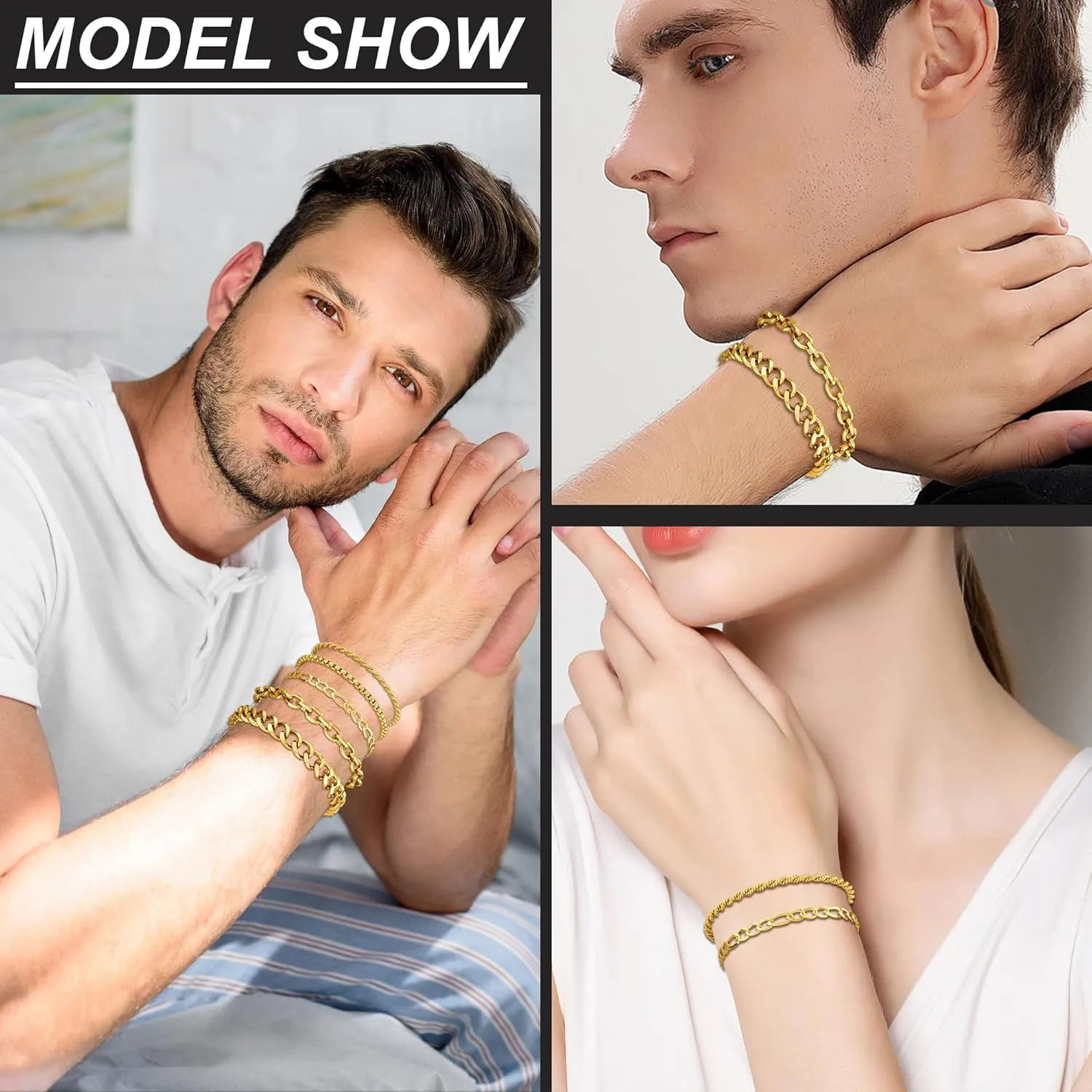 5PCS Stainless Steel Bracelets for Men, Silver Gold Black Sturdy Cuban Link Box Rope Chain Paperclip Figaro Bracelet for Women Men Jewelry Set