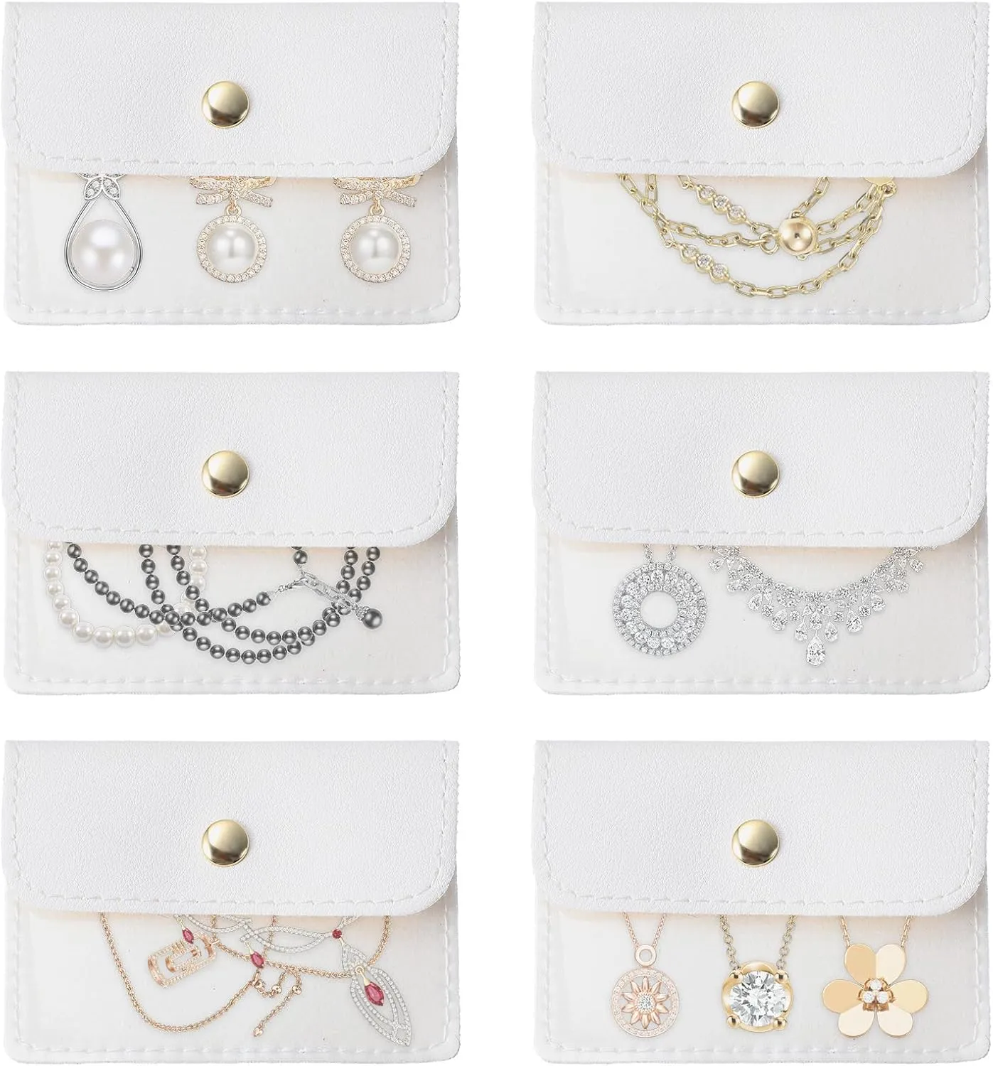 6 Pcs Mini Jewelry Pouch Small Travel Clear Jewelry Bags Portable Snap Button Pockets Leather Packaging Storage Organizer Case for Women Girl Bracelet Necklace Earrings Ring