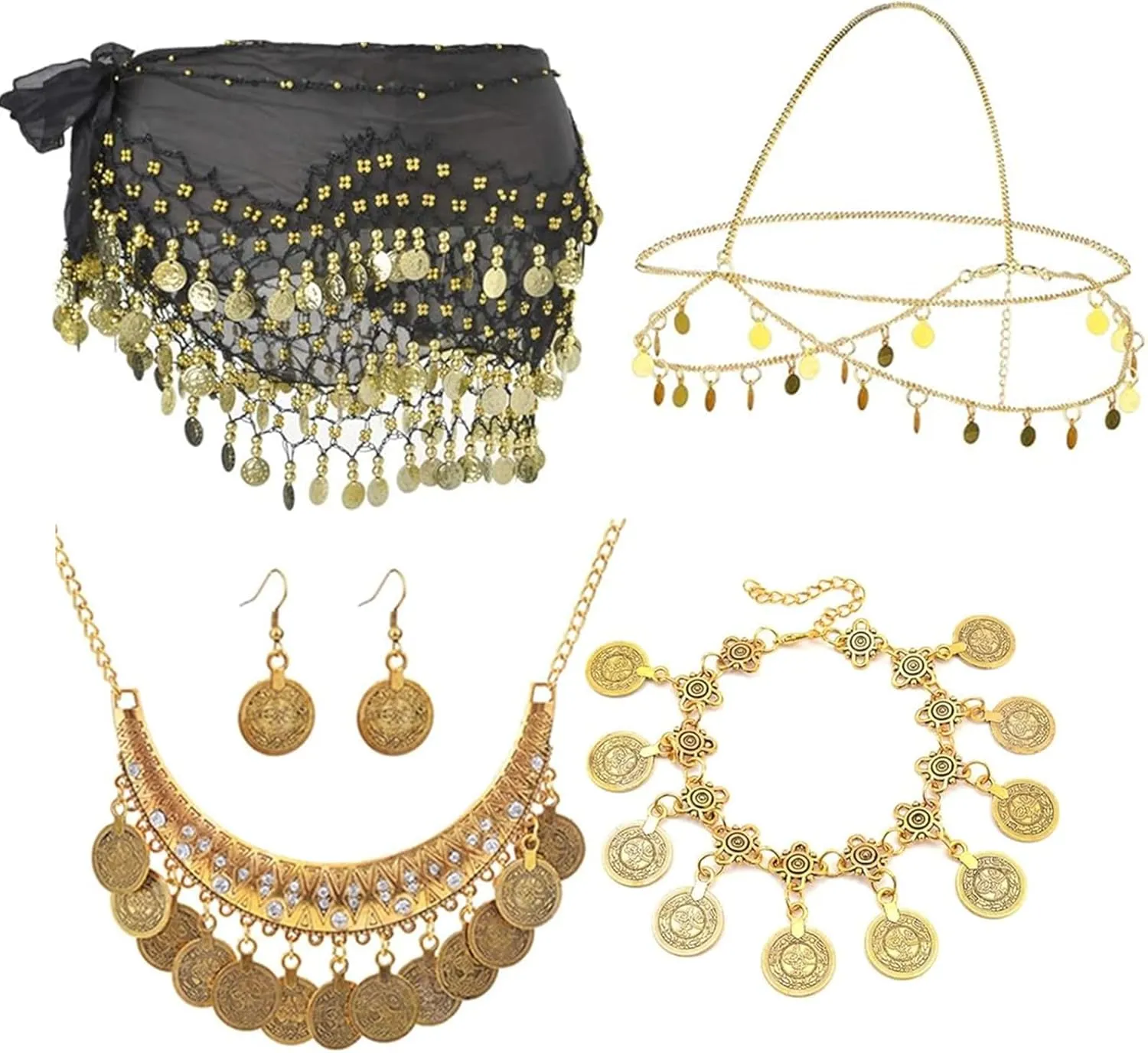 6 Set Belly Dance Accessories Hip Scarf Wrap Belt Bohemian Gold Coin Drop Earrings Headpiece Small Coins Hair Chain Tassel Anklet Bracelet for Women