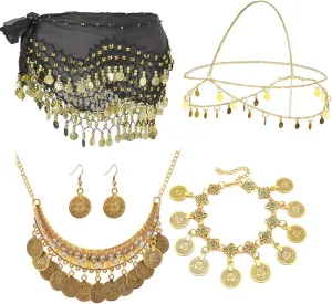 6 Set Belly Dance Accessories Hip Scarf Wrap Belt Bohemian Gold Coin Drop Earrings Headpiece Small Coins Hair Chain Tassel Anklet Bracelet for Women