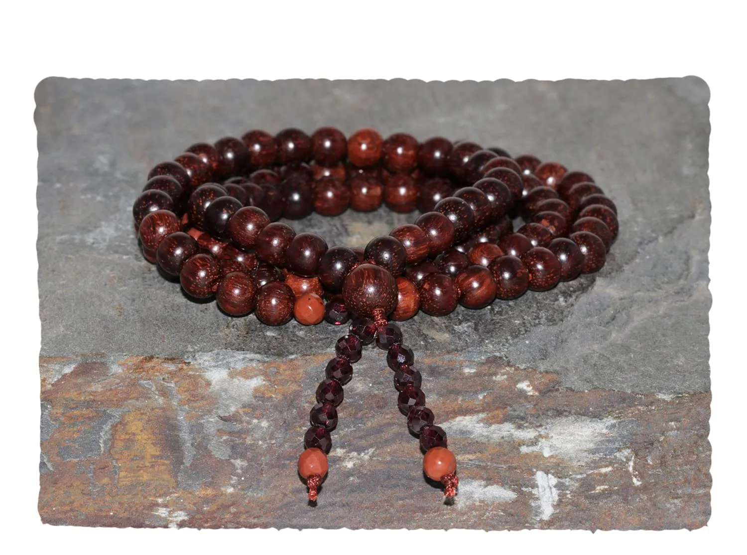 6mm Red Sandalwood 108 Mala Necklace, 8mm Sandalwood Guru Bead, 3.5mm Faceted Garnet and 4mm Faceted Red Jasper Beads, Meditation, Buddhist