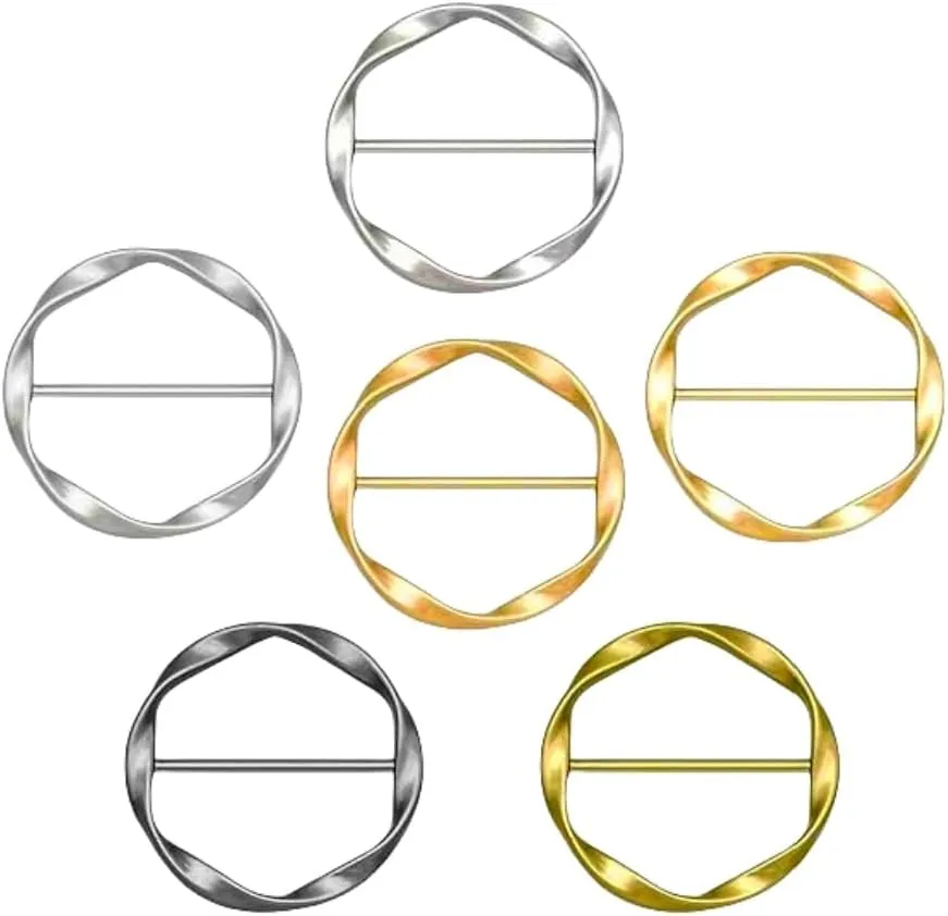 6Pcs Scarf Ring Clip Twist Tee Knot Ring Shirt Clip T-shirt Tie Clips Fashion Alloy Clothing Ring Wrap Holder Clothes Corner Knotted Button Round Circle Clip Belt Buckle