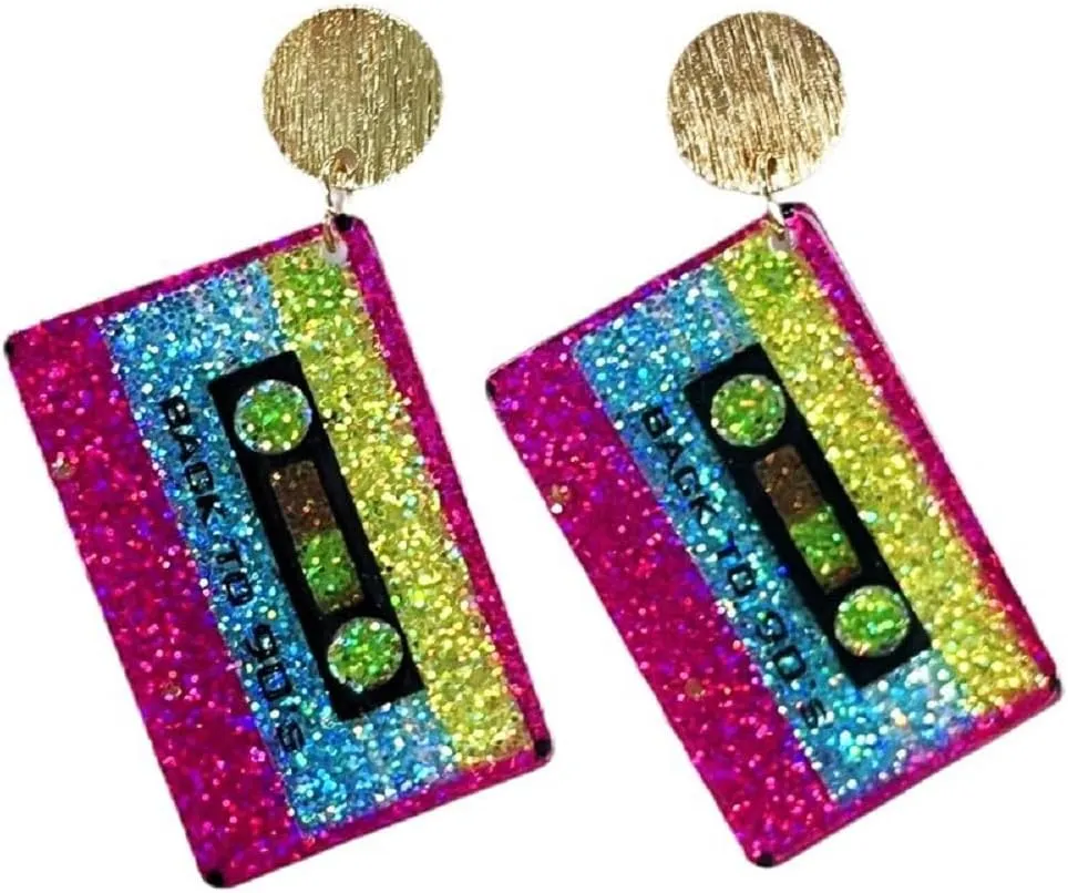 80s Neon Earrings for Women Colorful Cassette Tape Acrylic Drop Earrings Retro Glitter Radio Dangle Earrings for 80's Outfit Party Accessories