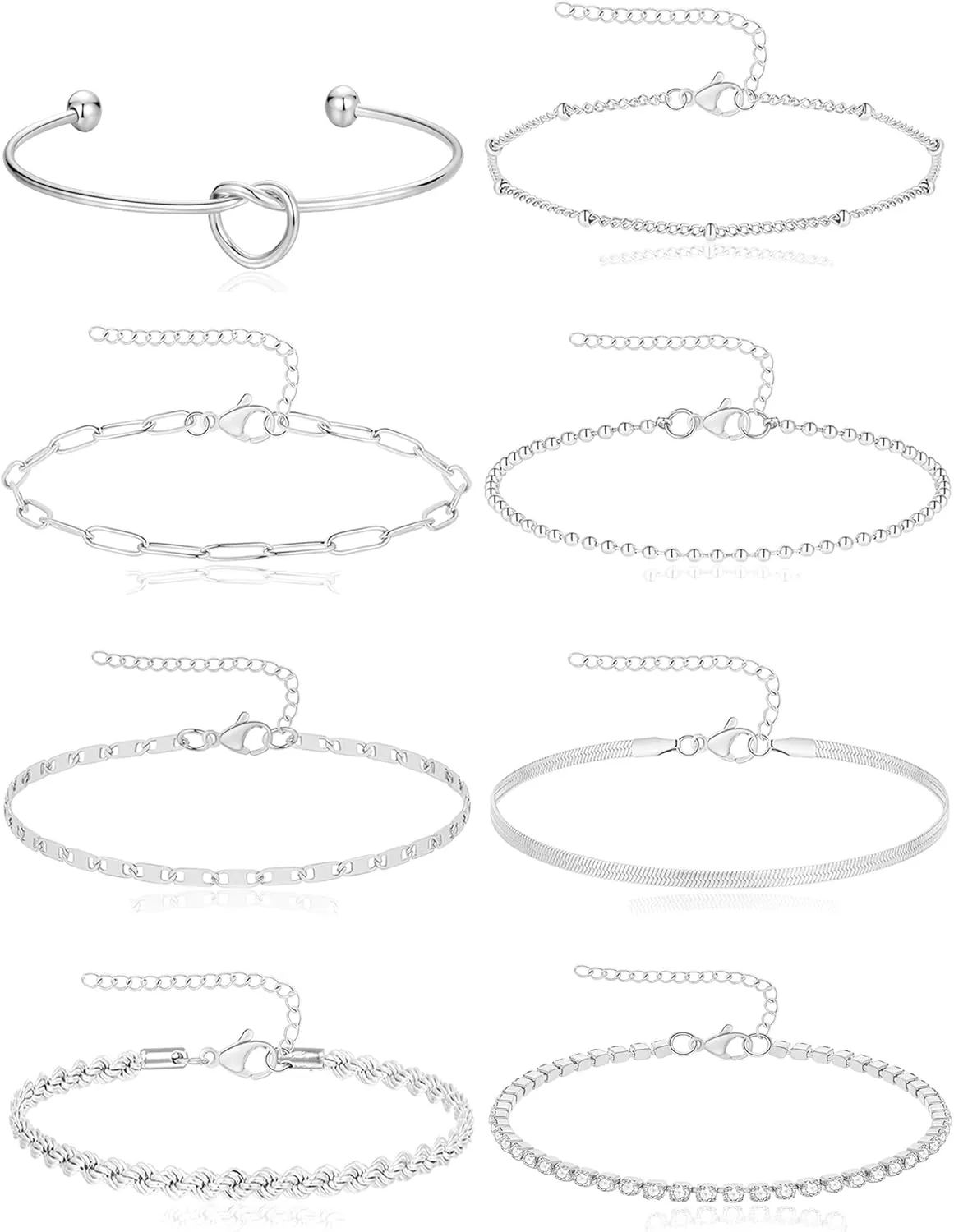 8Pcs Gold Bracelets 18k Gold Plated Stainless Steel Link Herringbone Satellite Bead Twist Paperclip Bead Mariner CZ Tennis Love Knot Cuff Chain for Women Gold Silver Tone 6.5 inches Adjustable