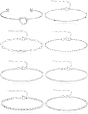 8Pcs Gold Bracelets 18k Gold Plated Stainless Steel Link Herringbone Satellite Bead Twist Paperclip Bead Mariner CZ Tennis Love Knot Cuff Chain for Women Gold Silver Tone 6.5 inches Adjustable