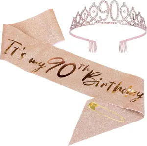 90th Birthday Sash and Tiara Set Rose Gold Birthday Sash Crown Birthday Party Favors Supplies for Girls Birthday Party