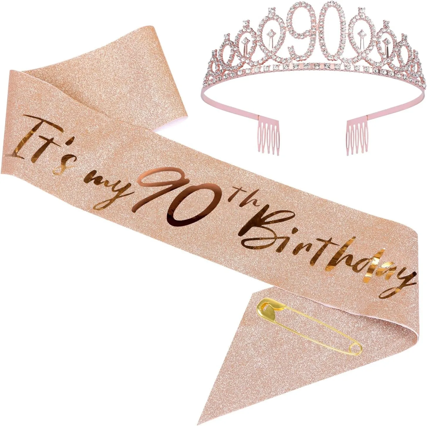 90th Birthday Sash and Tiara Set Rose Gold Birthday Sash Crown Birthday Party Favors Supplies for Girls Birthday Party