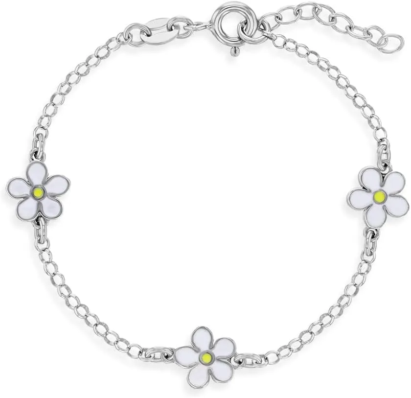 925 Sterling Silver 5.5" White Enamel Daisy Flower Chain Bracelet for Little Girls & Preteens - Daisy Flower Charm Bracelets - Girls Trendy Floral Enamel Jewelry