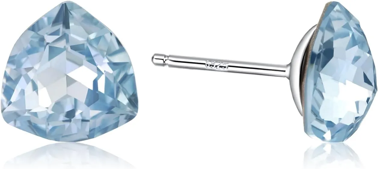 925 Sterling Silver Aquamarine Crystal Stud Earrings,March Birthstone, Triangle Geometric Blue Earrings Design