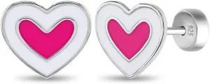 925 Sterling Silver Safety Back Stud Pink White Heart Earrings For Kids, Toddlers & Little Girls- Secure and Comfortable Adorable Heart-Shaped Girl Studs For Ultra Sensitive Ears