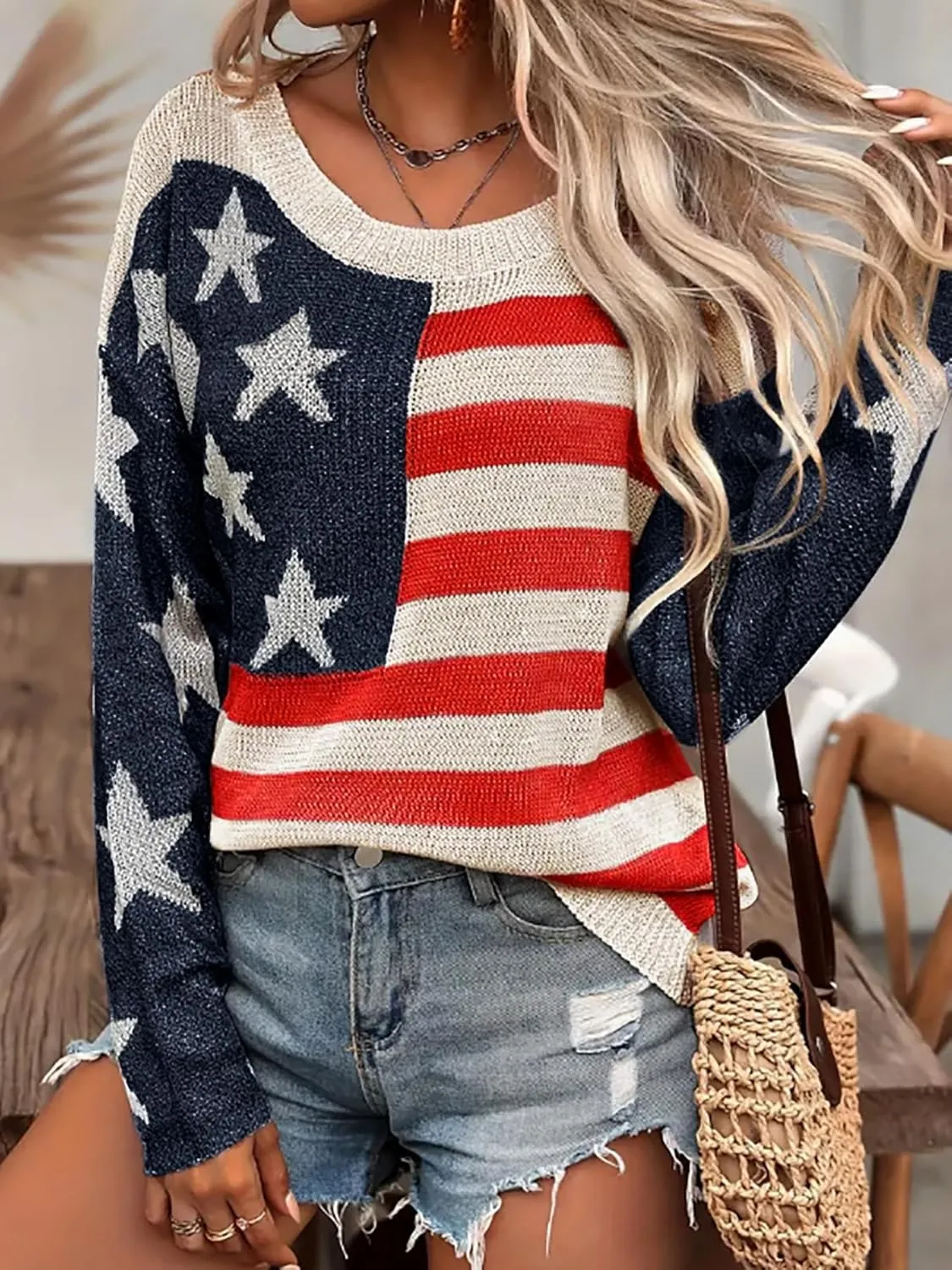 AirPlace American Flag Sweater for Women Off Shoulder Knit Sweatshirt Long Sleeve Pullovers Loose Winter Fall Fashion 2024