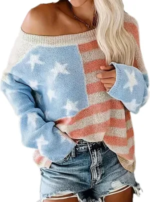 AirPlace American Flag Sweater for Women Off Shoulder Knit Sweatshirt Long Sleeve Pullovers Loose Winter Fall Fashion 2024