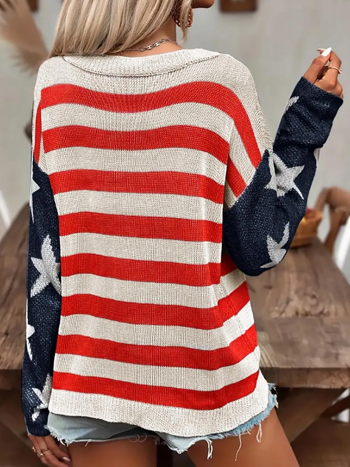 AirPlace American Flag Sweater for Women Off Shoulder Knit Sweatshirt Long Sleeve Pullovers Loose Winter Fall Fashion 2024