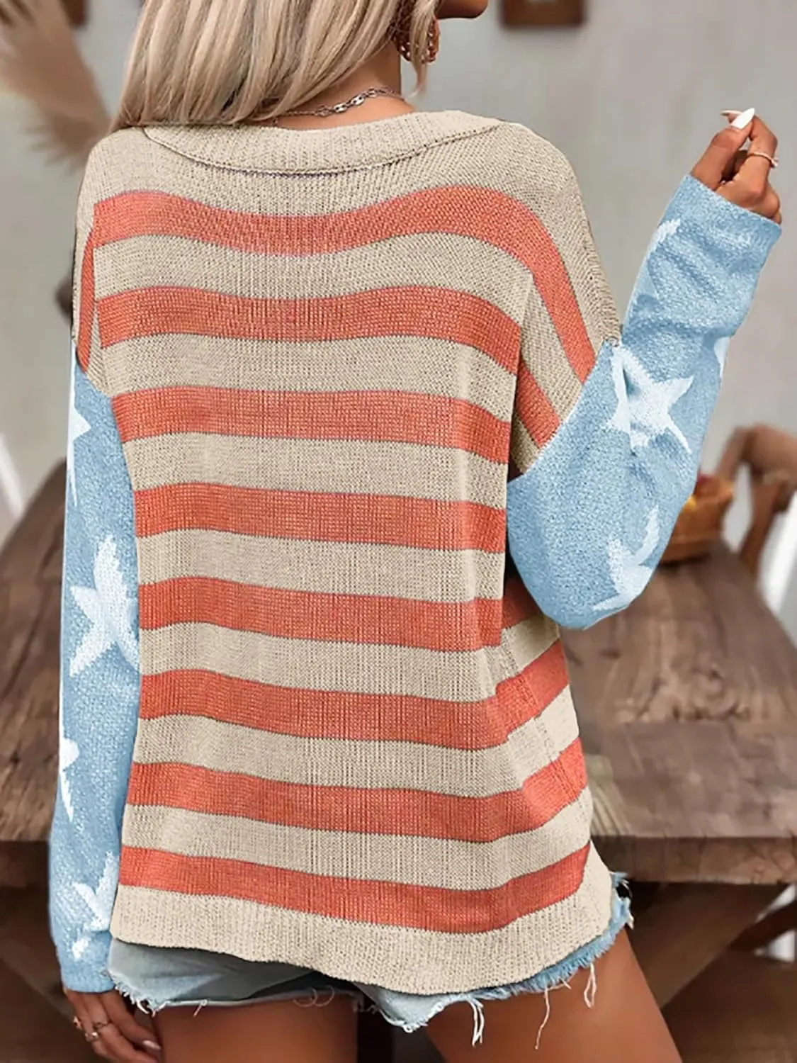 AirPlace American Flag Sweater for Women Off Shoulder Knit Sweatshirt Long Sleeve Pullovers Loose Winter Fall Fashion 2024