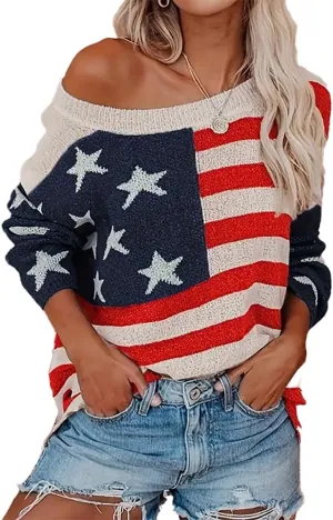 AirPlace American Flag Sweater for Women Off Shoulder Knit Sweatshirt Long Sleeve Pullovers Loose Winter Fall Fashion 2024