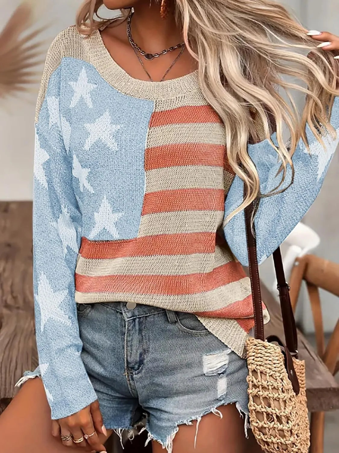 AirPlace American Flag Sweater for Women Off Shoulder Knit Sweatshirt Long Sleeve Pullovers Loose Winter Fall Fashion 2024