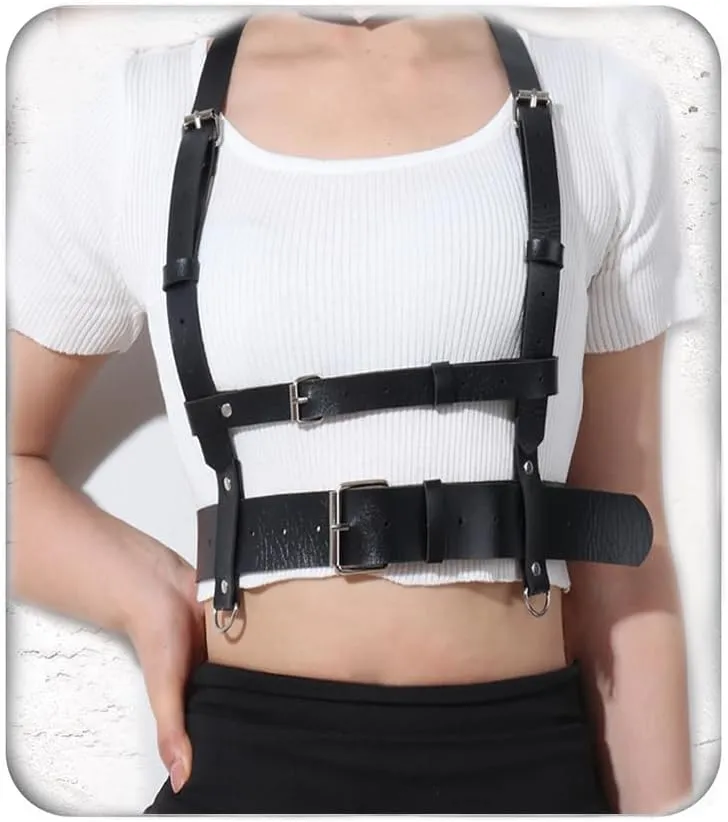 Akeoqi Punk Leather Body Chains Layered Black Waist Chain Belts Adjustable Goth Nightclub Rave Belly Body Jewelry for Women