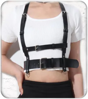 Akeoqi Punk Leather Body Chains Layered Black Waist Chain Belts Adjustable Goth Nightclub Rave Belly Body Jewelry for Women