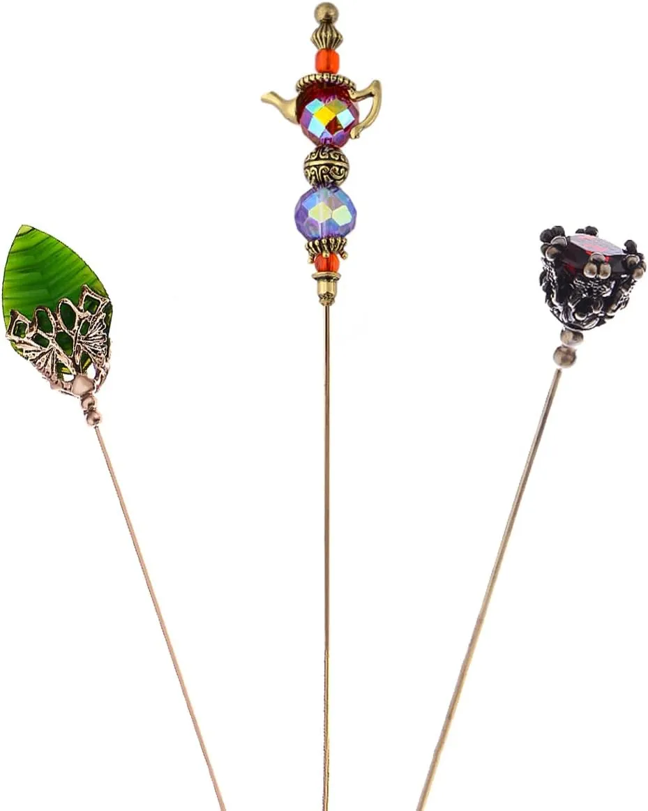 Alilang 3Pcs Vintage Style Classic Long Handle Hat and Lapel Pins with Flexible Bendable Design on Hats, Scarves, and Suits