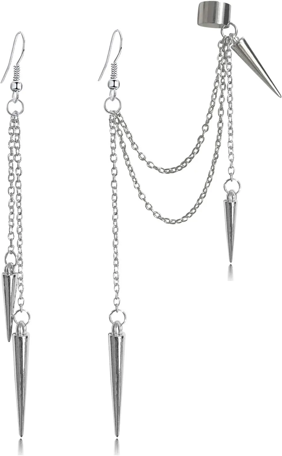 ANDPAI Unique Lightweight Black Silver Punk Long Tassel Chain Ear Cuff Earrings 316L Stainless Steel Vintage Barrel Nails Crawler Climer Dangle Drop Stud Earrings for Men Women Unisex