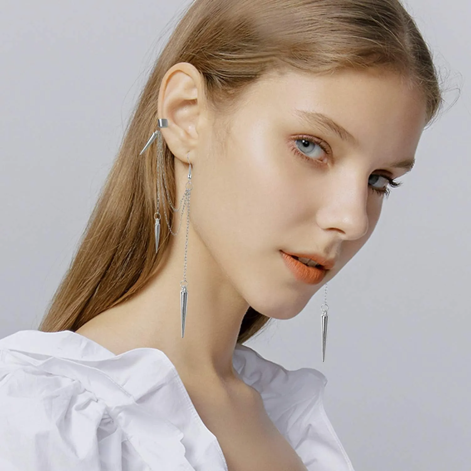ANDPAI Unique Lightweight Black Silver Punk Long Tassel Chain Ear Cuff Earrings 316L Stainless Steel Vintage Barrel Nails Crawler Climer Dangle Drop Stud Earrings for Men Women Unisex