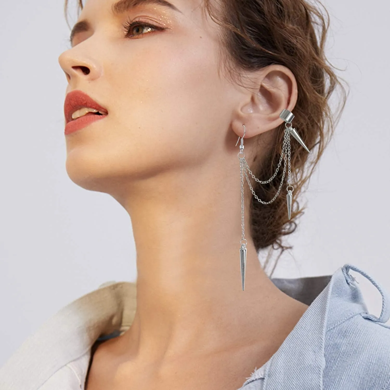 ANDPAI Unique Lightweight Black Silver Punk Long Tassel Chain Ear Cuff Earrings 316L Stainless Steel Vintage Barrel Nails Crawler Climer Dangle Drop Stud Earrings for Men Women Unisex