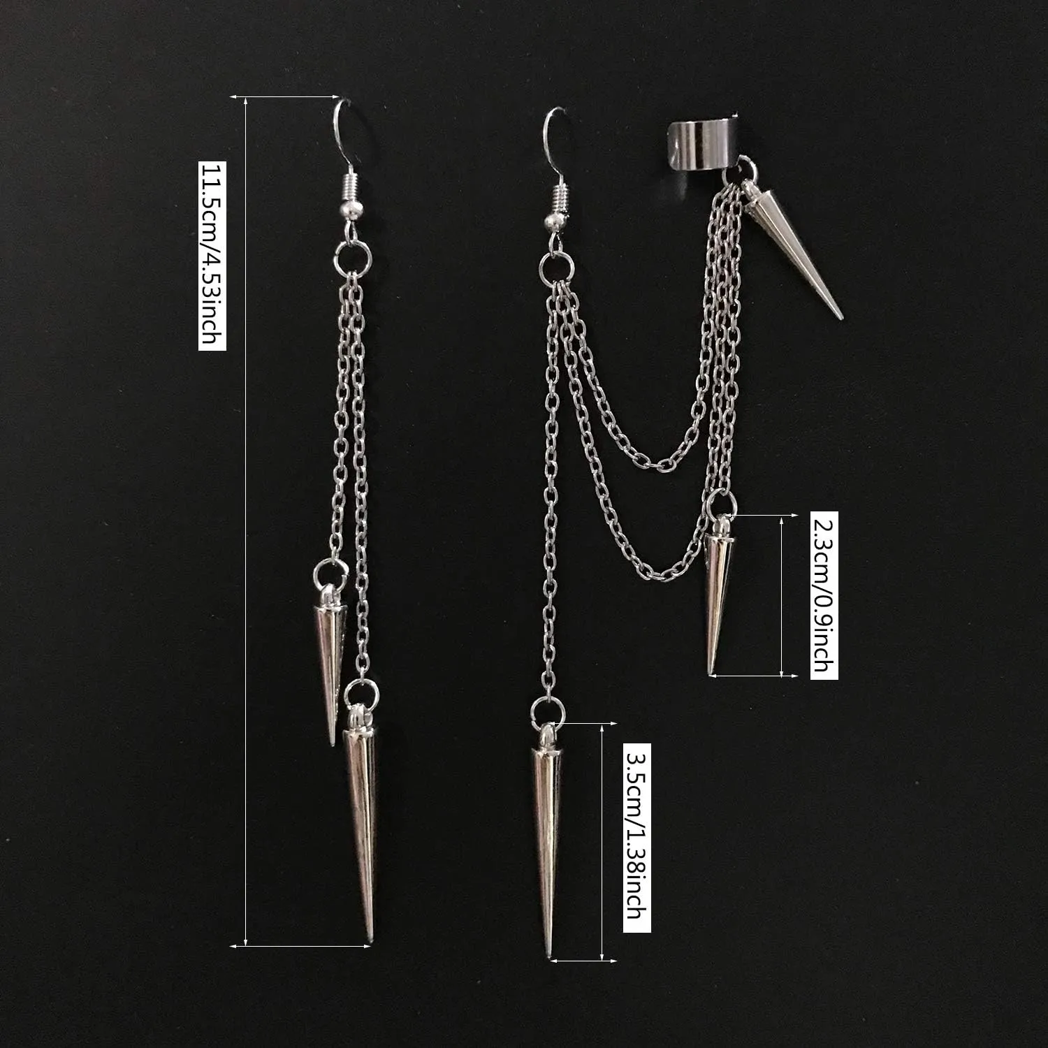 ANDPAI Unique Lightweight Black Silver Punk Long Tassel Chain Ear Cuff Earrings 316L Stainless Steel Vintage Barrel Nails Crawler Climer Dangle Drop Stud Earrings for Men Women Unisex