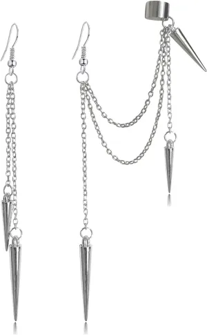 ANDPAI Unique Lightweight Black Silver Punk Long Tassel Chain Ear Cuff Earrings 316L Stainless Steel Vintage Barrel Nails Crawler Climer Dangle Drop Stud Earrings for Men Women Unisex