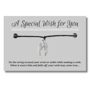 Angel Wings BlackWish Bracelet, Hemp with Silver Tone Charm on Printed Card, Adjustable Size up to 12 inches, Unisex Friendship Bracelet, Spiritual Gift for Women